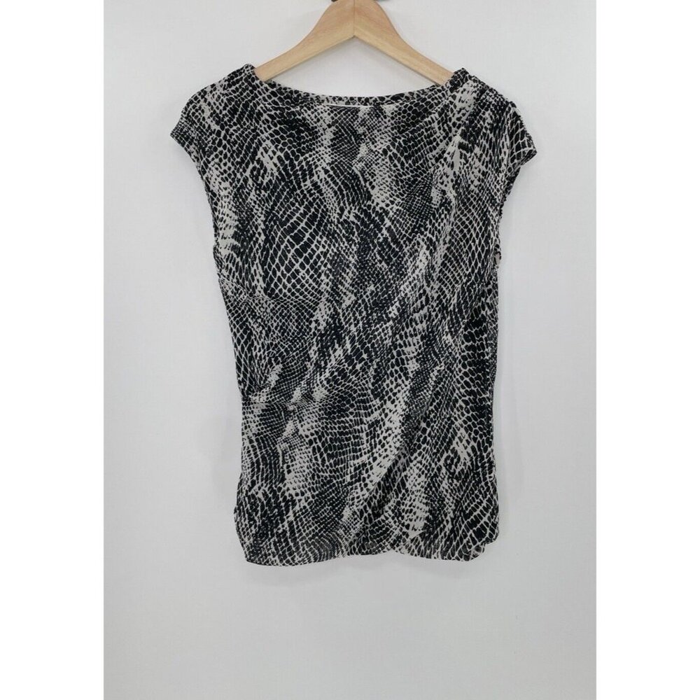 Kenneth Cole New York Black & Ivory Snake Skin Print Cap Sleeve Mesh Blouse Sz S